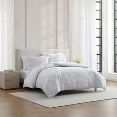Vera Wang Nebulous Flower Cotton Sateen Textured Reversible Duvet Cover Set (Grey, 3 Piece)